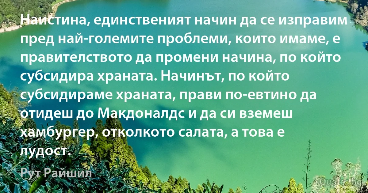 Наистина, единственият начин да се изправим пред най-големите проблеми, които имаме, е правителството да промени начина, по който субсидира храната. Начинът, по който субсидираме храната, прави по-евтино да отидеш до Макдоналдс и да си вземеш хамбургер, отколкото салата, а това е лудост. (Рут Райшил)