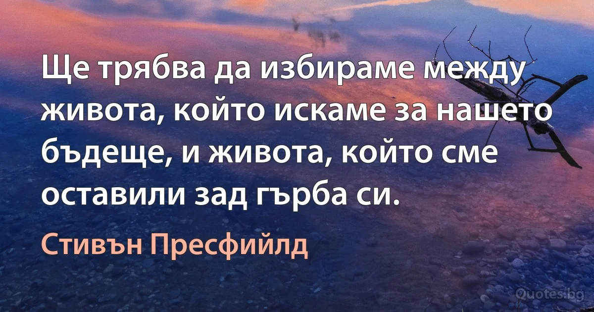 Ще трябва да избираме между живота, който искаме за нашето бъдеще, и живота, който сме оставили зад гърба си. (Стивън Пресфийлд)