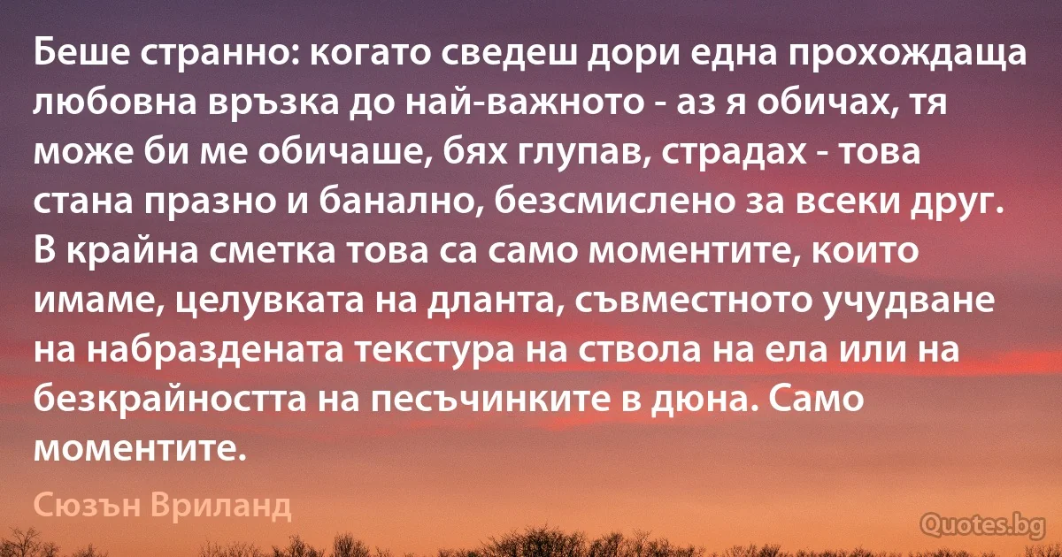 Беше странно: когато сведеш дори една прохождаща любовна връзка до най-важното - аз я обичах, тя може би ме обичаше, бях глупав, страдах - това стана празно и банално, безсмислено за всеки друг. В крайна сметка това са само моментите, които имаме, целувката на дланта, съвместното учудване на набраздената текстура на ствола на ела или на безкрайността на песъчинките в дюна. Само моментите. (Сюзън Вриланд)