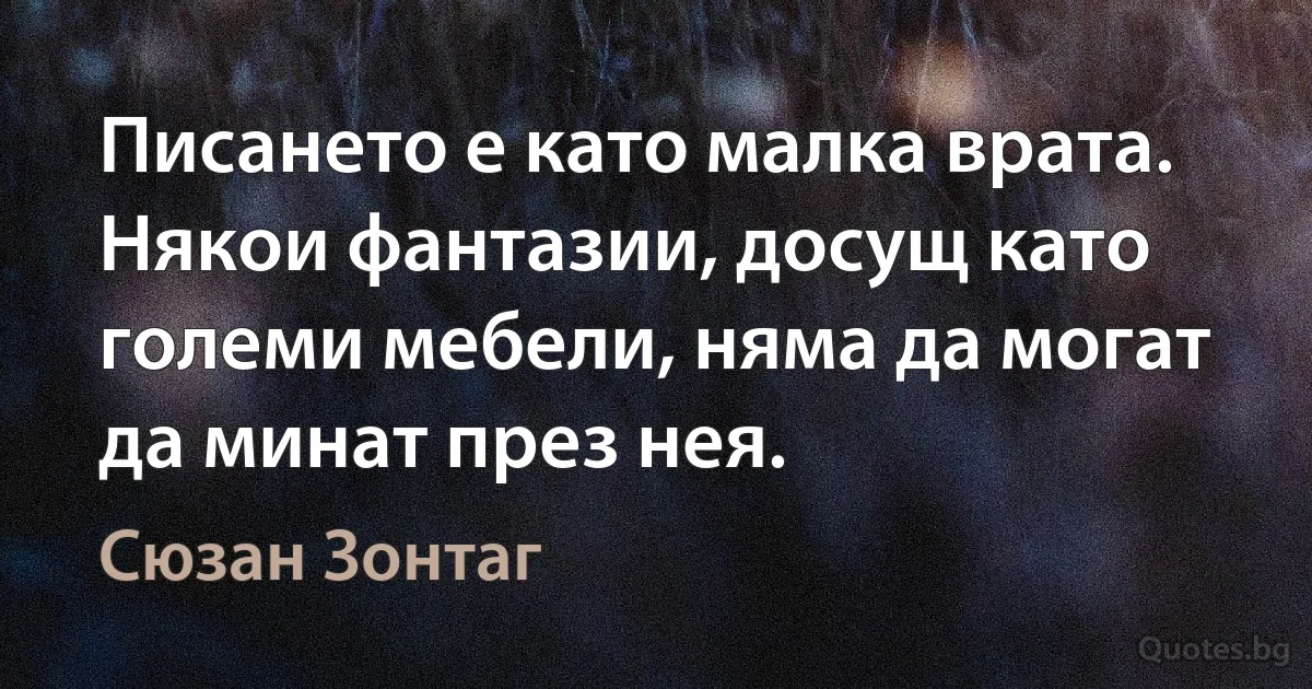 Писането е като малка врата. Някои фантазии, досущ като големи мебели, няма да могат да минат през нея. (Сюзан Зонтаг)