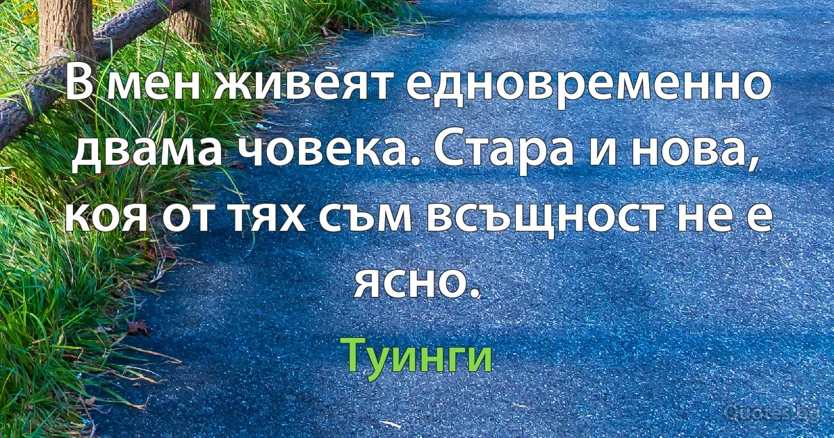 В мен живеят едновременно двама човека. Стара и нова, коя от тях съм всъщност не е ясно. (Туинги)