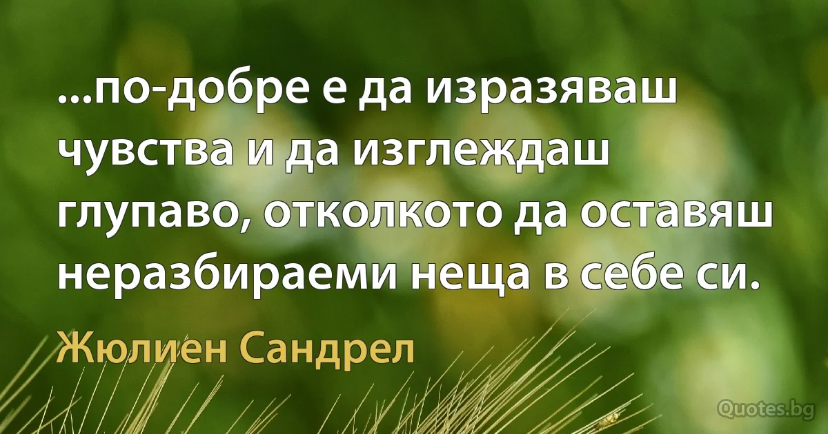 ...по-добре е да изразяваш чувства и да изглеждаш глупаво, отколкото да оставяш неразбираеми неща в себе си. (Жюлиен Сандрел)