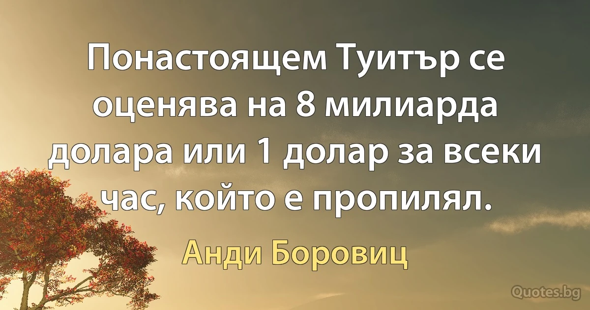 Понастоящем Туитър се оценява на 8 милиарда долара или 1 долар за всеки час, който е пропилял. (Анди Боровиц)