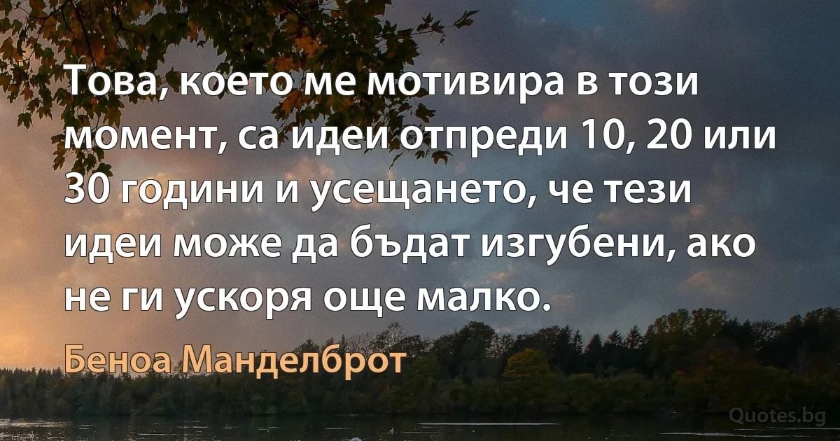 Това, което ме мотивира в този момент, са идеи отпреди 10, 20 или 30 години и усещането, че тези идеи може да бъдат изгубени, ако не ги ускоря още малко. (Беноа Манделброт)