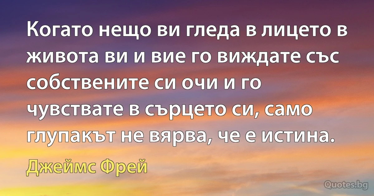 Когато нещо ви гледа в лицето в живота ви и вие го виждате със собствените си очи и го чувствате в сърцето си, само глупакът не вярва, че е истина. (Джеймс Фрей)