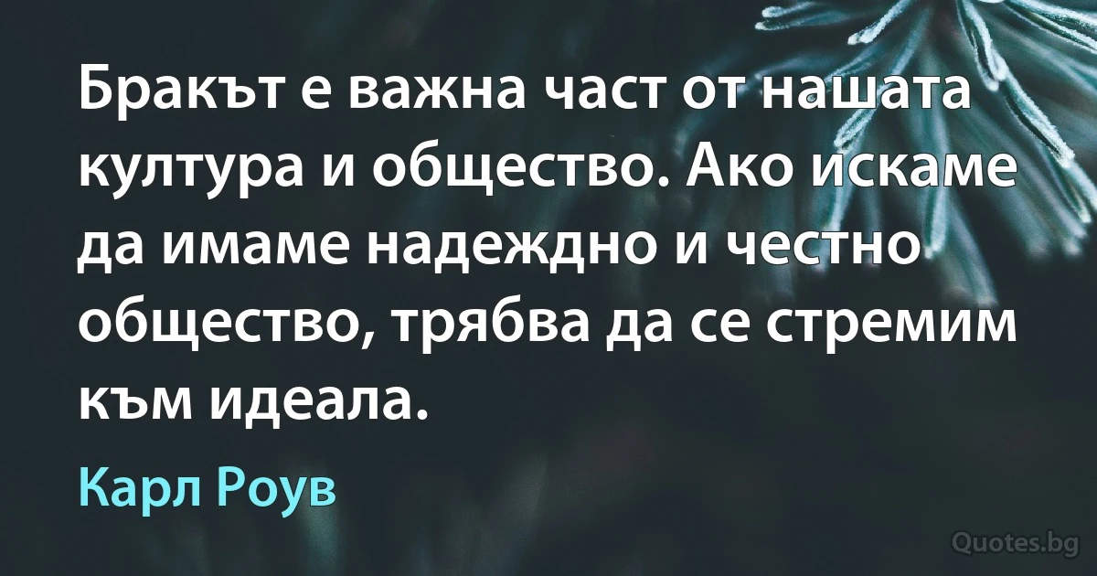 Бракът е важна част от нашата култура и общество. Ако искаме да имаме надеждно и честно общество, трябва да се стремим към идеала. (Карл Роув)