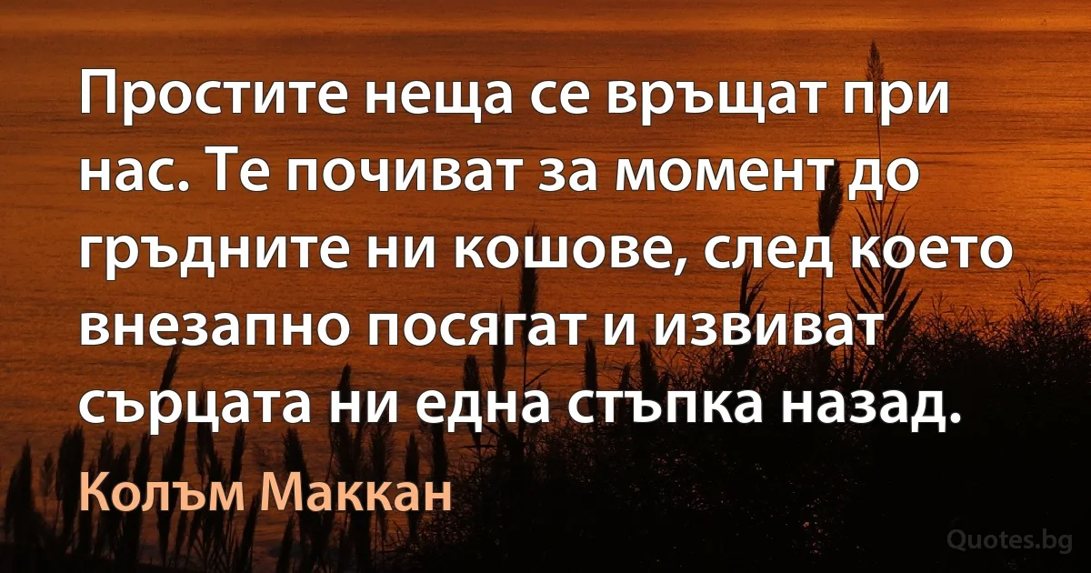 Простите неща се връщат при нас. Те почиват за момент до гръдните ни кошове, след което внезапно посягат и извиват сърцата ни една стъпка назад. (Колъм Маккан)