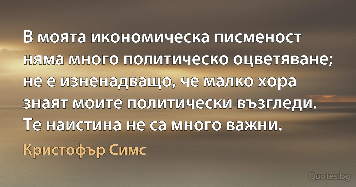 В моята икономическа писменост няма много политическо оцветяване; не е изненадващо, че малко хора знаят моите политически възгледи. Те наистина не са много важни. (Кристофър Симс)