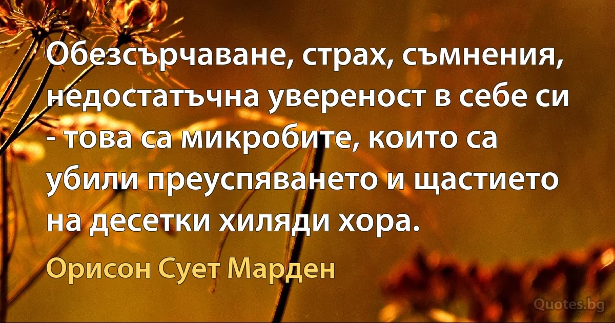 Обезсърчаване, страх, съмнения, недостатъчна увереност в себе си - това са микробите, които са убили преуспяването и щастието на десетки хиляди хора. (Орисон Сует Марден)