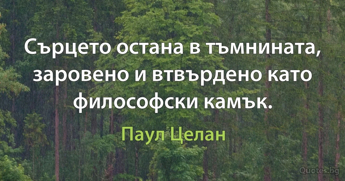 Сърцето остана в тъмнината, заровено и втвърдено като философски камък. (Паул Целан)