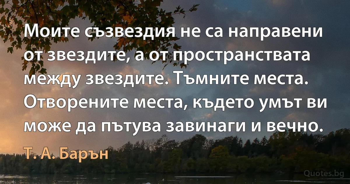 Моите съзвездия не са направени от звездите, а от пространствата между звездите. Тъмните места. Отворените места, където умът ви може да пътува завинаги и вечно. (Т. А. Барън)