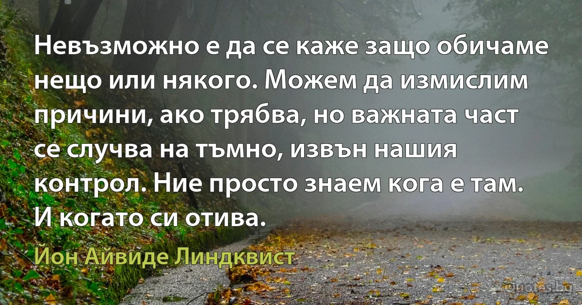 Невъзможно е да се каже защо обичаме нещо или някого. Можем да измислим причини, ако трябва, но важната част се случва на тъмно, извън нашия контрол. Ние просто знаем кога е там. И когато си отива. (Йон Айвиде Линдквист)