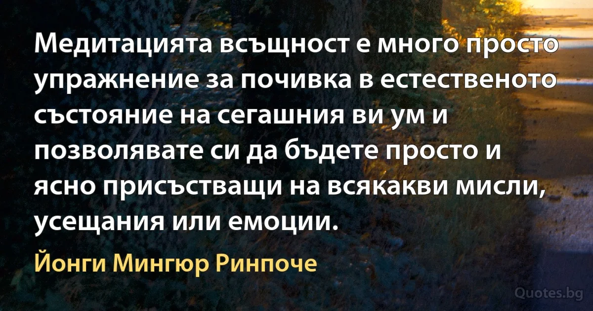 Медитацията всъщност е много просто упражнение за почивка в естественото състояние на сегашния ви ум и позволявате си да бъдете просто и ясно присъстващи на всякакви мисли, усещания или емоции. (Йонги Мингюр Ринпоче)