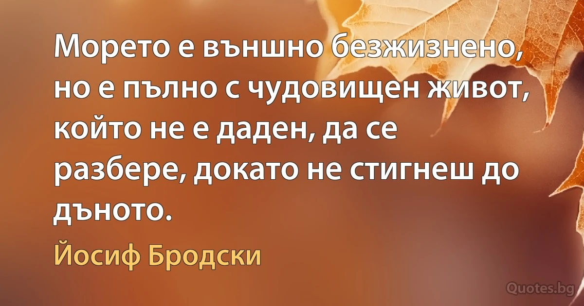 Морето е външно безжизнено, но е пълно с чудовищен живот, който не е даден, да се разбере, докато не стигнеш до дъното. (Йосиф Бродски)