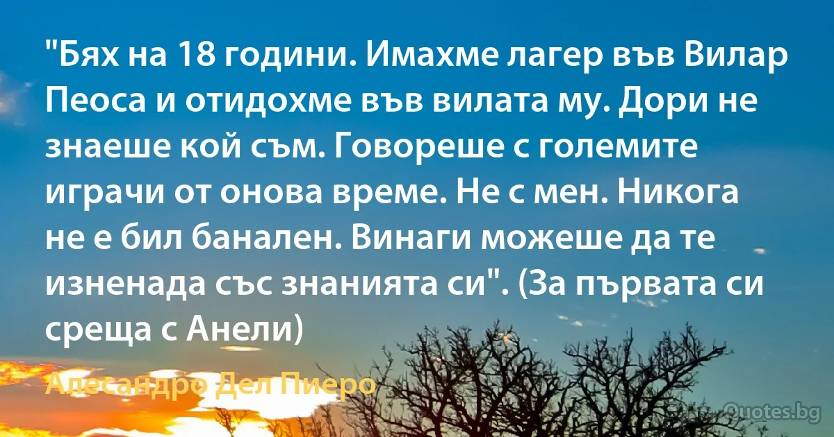 "Бях на 18 години. Имахме лагер във Вилар Пеоса и отидохме във вилата му. Дори не знаеше кой съм. Говореше с големите играчи от онова време. Не с мен. Никога не е бил банален. Винаги можеше да те изненада със знанията си". (За първата си среща с Анели) (Алесандро Дел Пиеро)