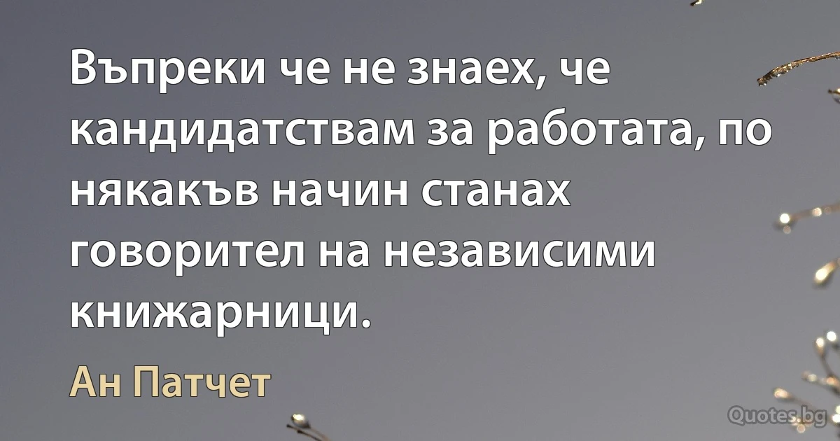 Въпреки че не знаех, че кандидатствам за работата, по някакъв начин станах говорител на независими книжарници. (Ан Патчет)