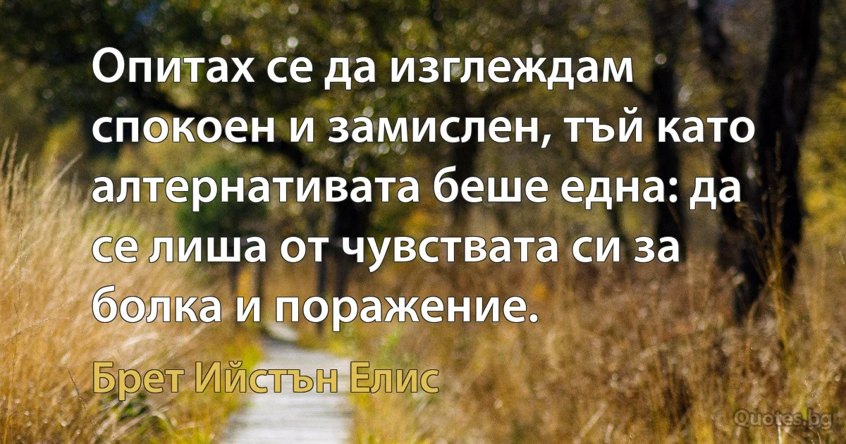 Опитах се да изглеждам спокоен и замислен, тъй като алтернативата беше една: да се лиша от чувствата си за болка и поражение. (Брет Ийстън Елис)