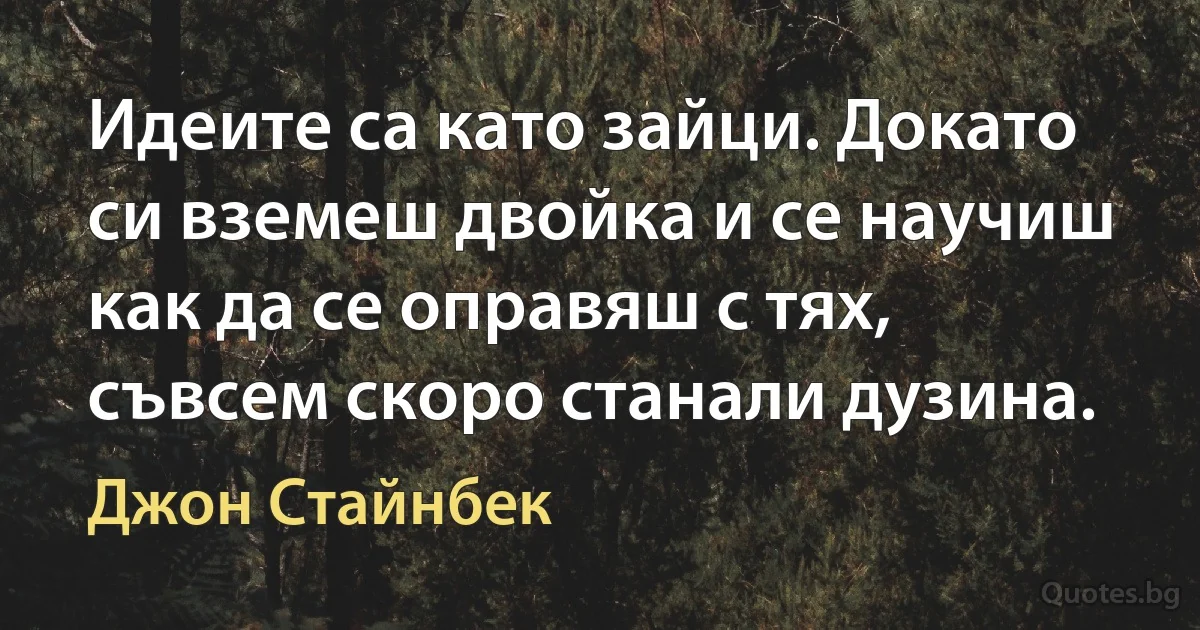 Идеите са като зайци. Докато си вземеш двойка и се научиш как да се оправяш с тях, съвсем скоро станали дузина. (Джон Стайнбек)