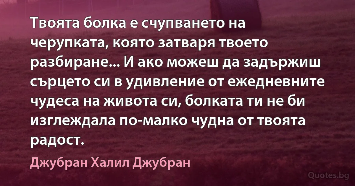 Твоята болка е счупването на черупката, която затваря твоето разбиране... И ако можеш да задържиш сърцето си в удивление от ежедневните чудеса на живота си, болката ти не би изглеждала по-малко чудна от твоята радост. (Джубран Халил Джубран)