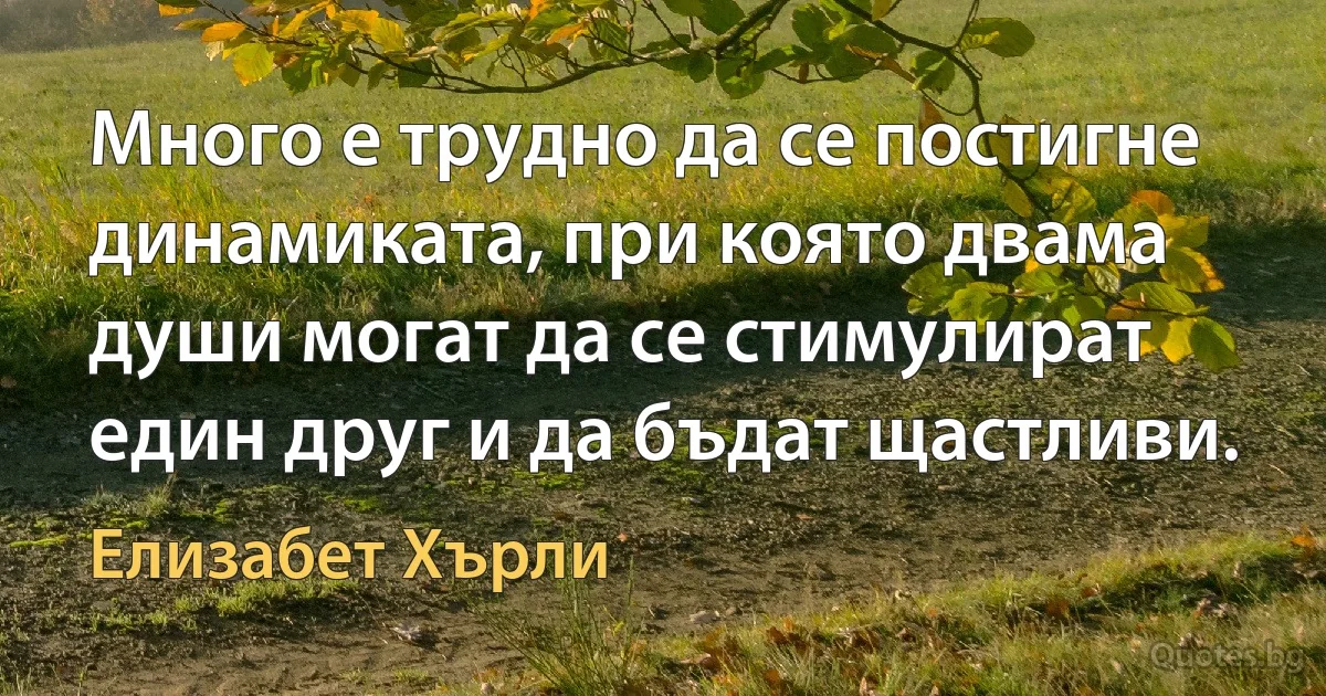 Много е трудно да се постигне динамиката, при която двама души могат да се стимулират един друг и да бъдат щастливи. (Елизабет Хърли)