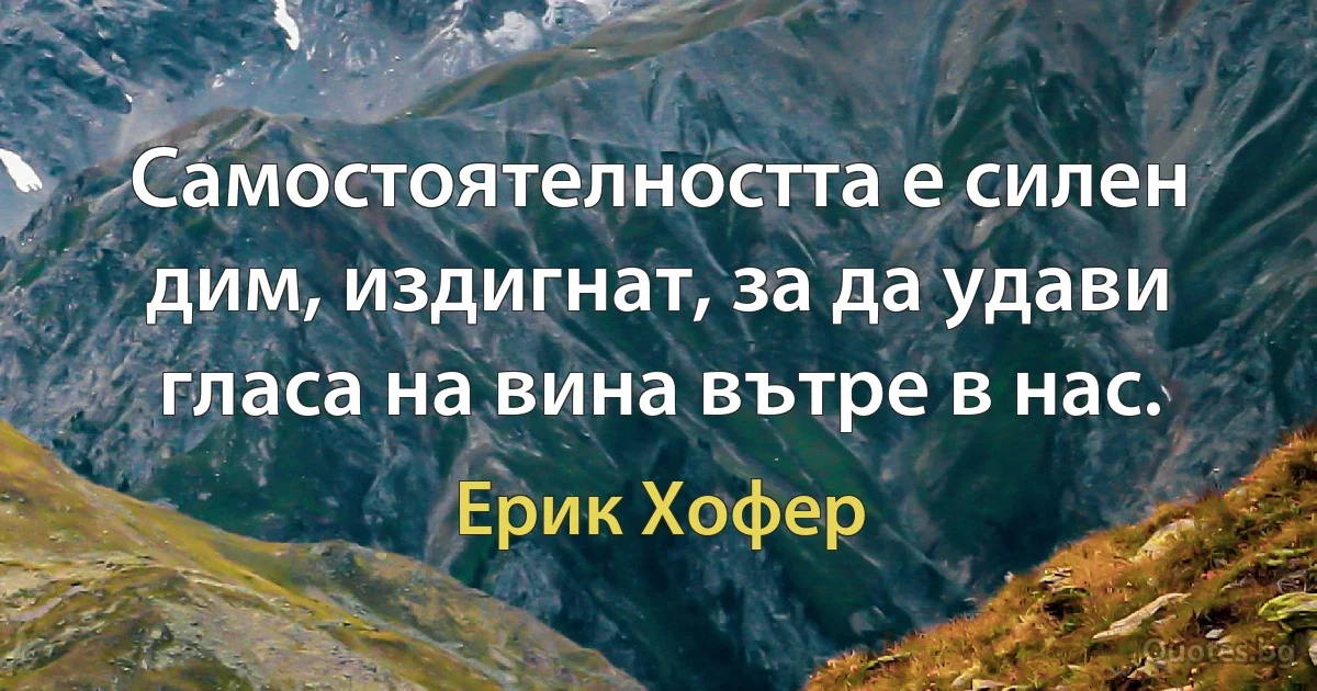 Самостоятелността е силен дим, издигнат, за да удави гласа на вина вътре в нас. (Ерик Хофер)