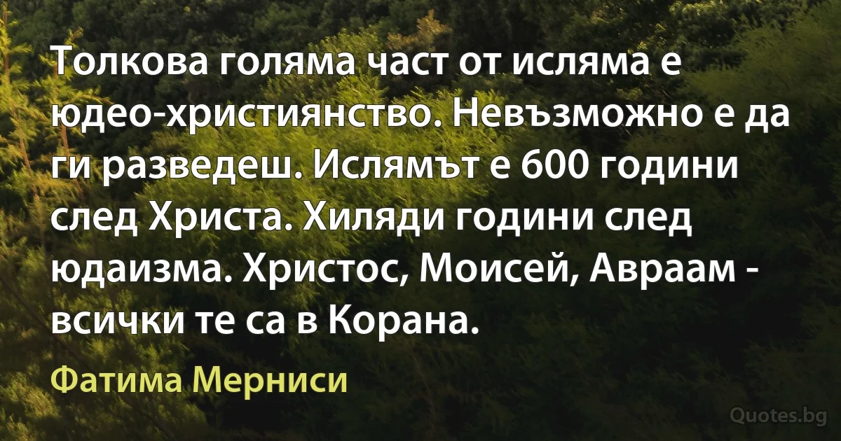 Толкова голяма част от исляма е юдео-християнство. Невъзможно е да ги разведеш. Ислямът е 600 години след Христа. Хиляди години след юдаизма. Христос, Моисей, Авраам - всички те са в Корана. (Фатима Мерниси)