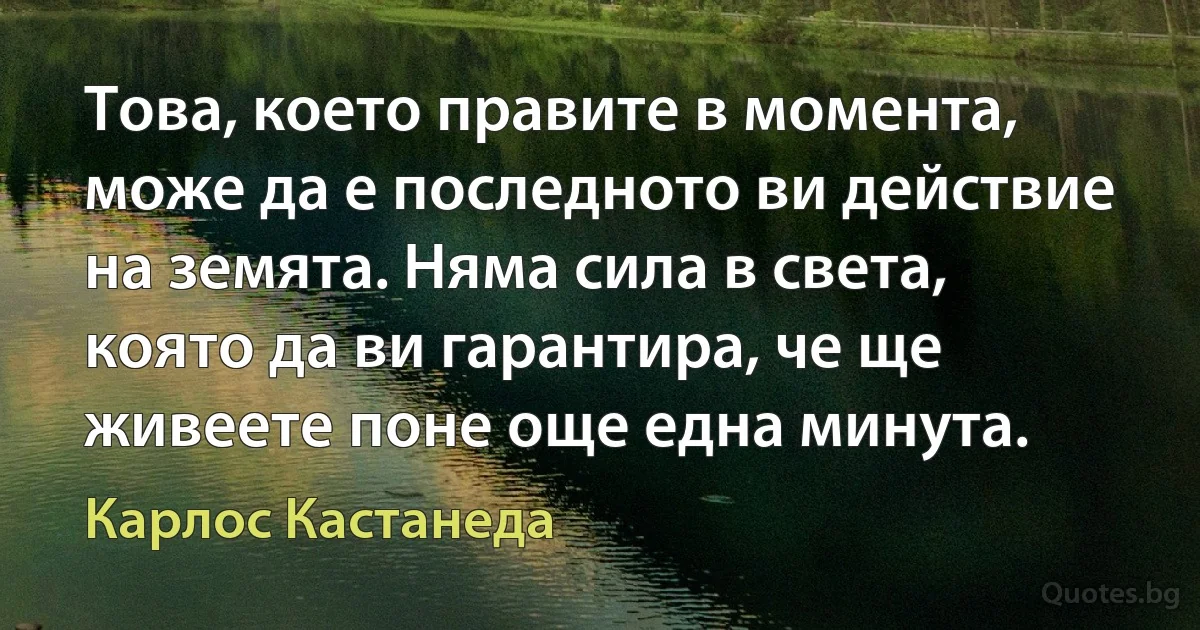 Това, което правите в момента, може да е последното ви действие на земята. Няма сила в света, която да ви гарантира, че ще живеете поне още една минута. (Карлос Кастанеда)