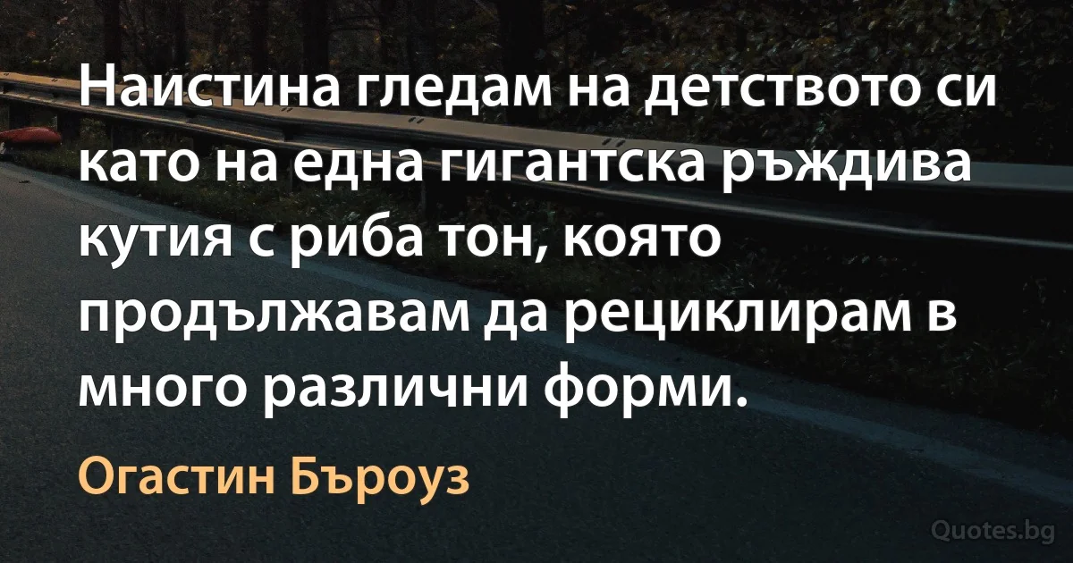 Наистина гледам на детството си като на една гигантска ръждива кутия с риба тон, която продължавам да рециклирам в много различни форми. (Огастин Бъроуз)