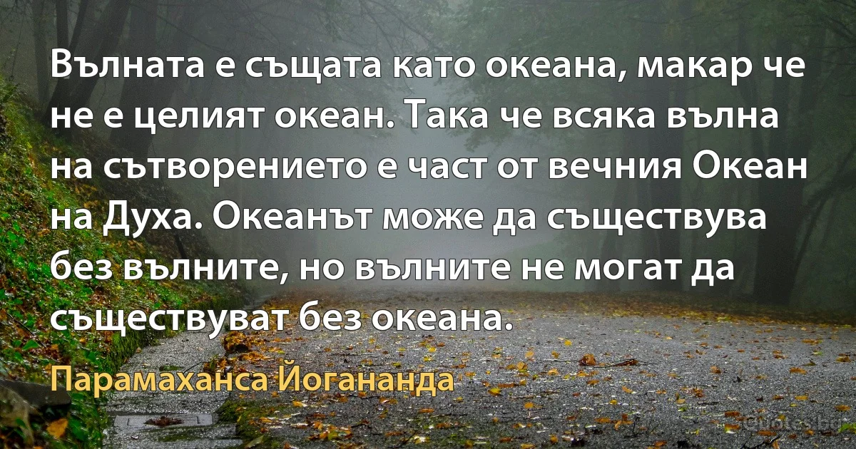 Вълната е същата като океана, макар че не е целият океан. Така че всяка вълна на сътворението е част от вечния Океан на Духа. Океанът може да съществува без вълните, но вълните не могат да съществуват без океана. (Парамаханса Йогананда)