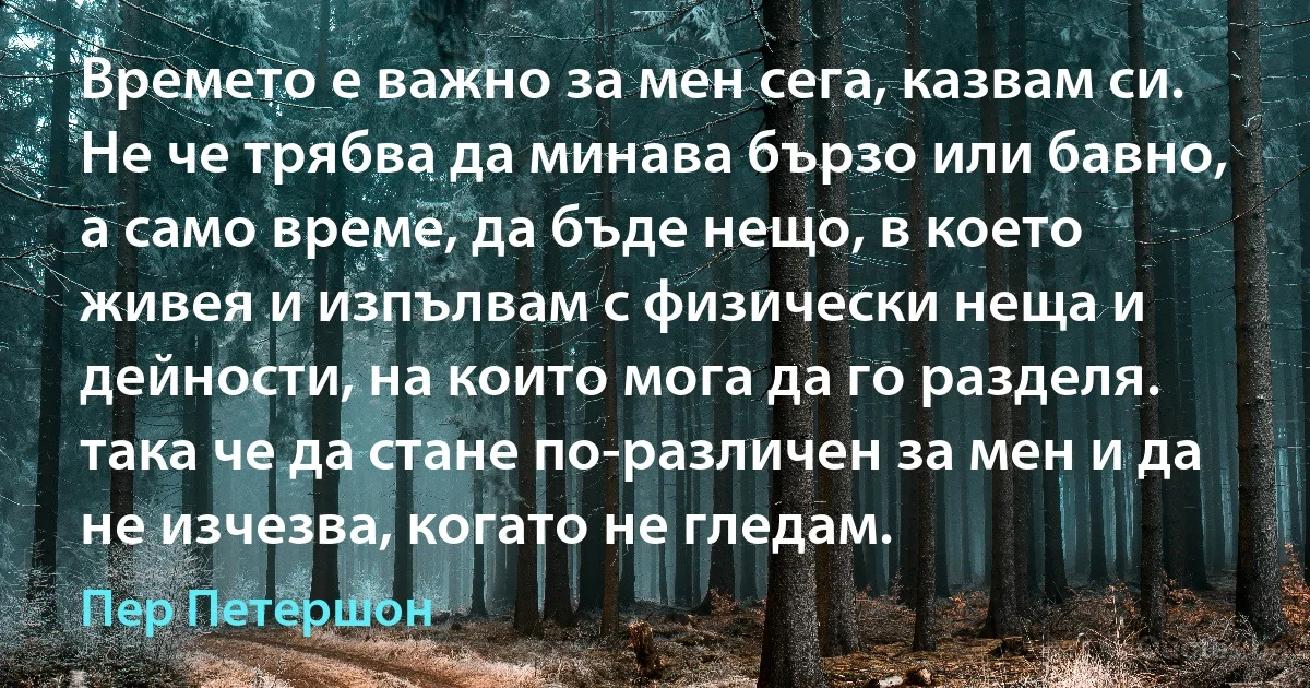 Времето е важно за мен сега, казвам си. Не че трябва да минава бързо или бавно, а само време, да бъде нещо, в което живея и изпълвам с физически неща и дейности, на които мога да го разделя. така че да стане по-различен за мен и да не изчезва, когато не гледам. (Пер Петершон)