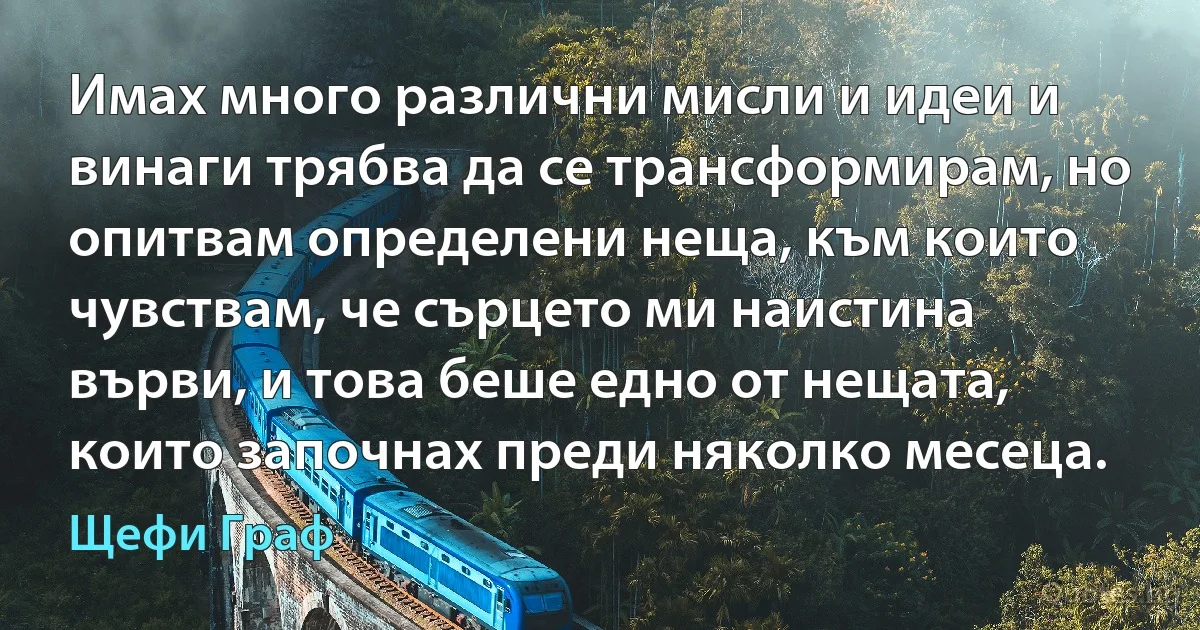 Имах много различни мисли и идеи и винаги трябва да се трансформирам, но опитвам определени неща, към които чувствам, че сърцето ми наистина върви, и това беше едно от нещата, които започнах преди няколко месеца. (Щефи Граф)