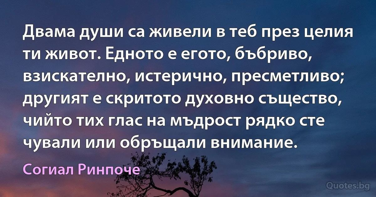 Двама души са живели в теб през целия ти живот. Едното е егото, бъбриво, взискателно, истерично, пресметливо; другият е скритото духовно същество, чийто тих глас на мъдрост рядко сте чували или обръщали внимание. (Согиал Ринпоче)