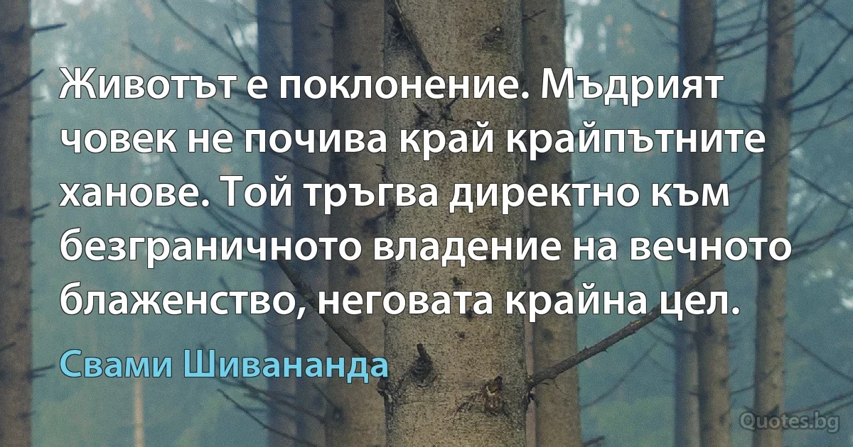 Животът е поклонение. Мъдрият човек не почива край крайпътните ханове. Той тръгва директно към безграничното владение на вечното блаженство, неговата крайна цел. (Свами Шивананда)