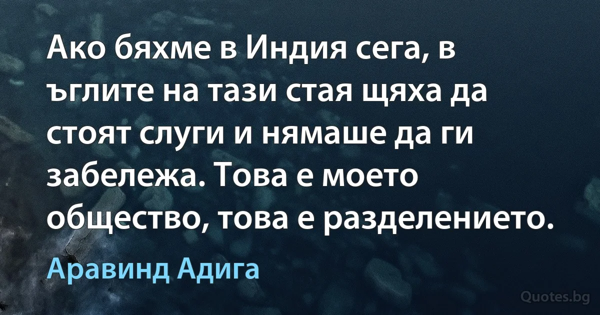 Ако бяхме в Индия сега, в ъглите на тази стая щяха да стоят слуги и нямаше да ги забележа. Това е моето общество, това е разделението. (Аравинд Адига)