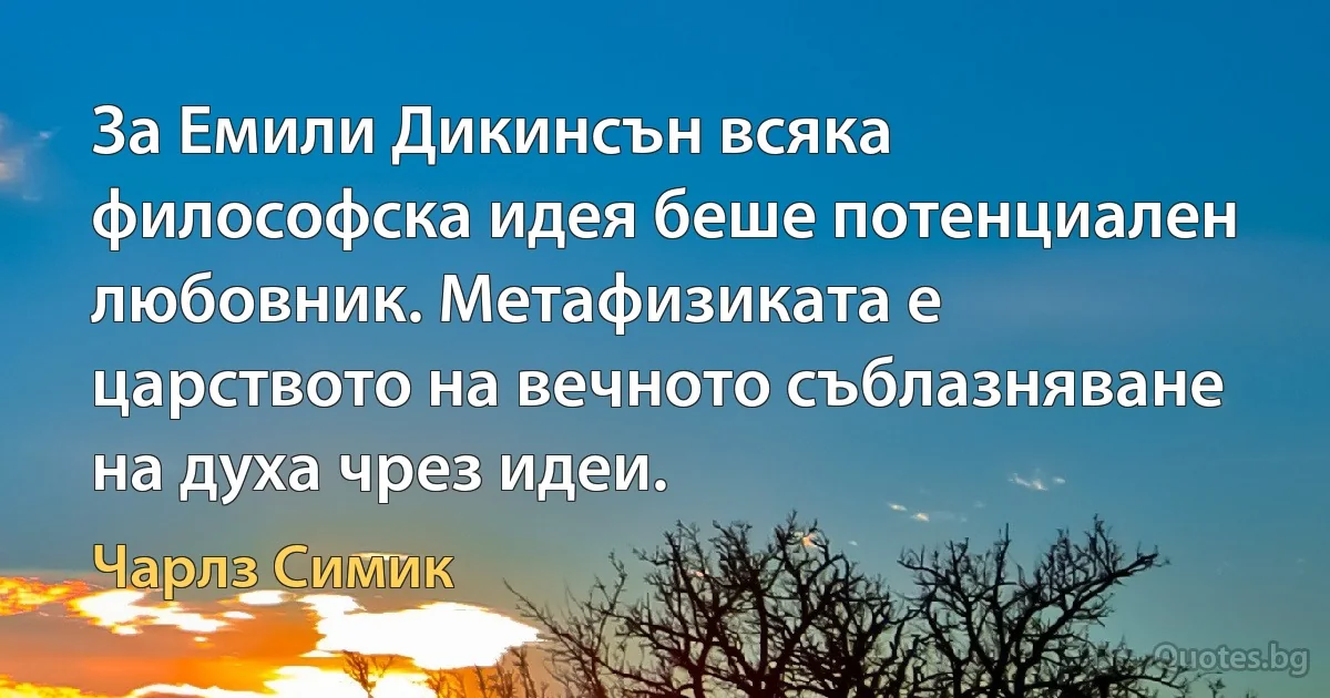 За Емили Дикинсън всяка философска идея беше потенциален любовник. Метафизиката е царството на вечното съблазняване на духа чрез идеи. (Чарлз Симик)