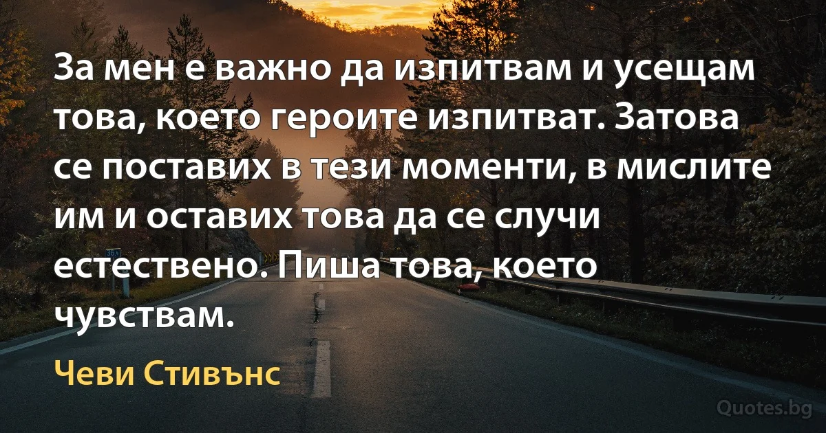 За мен е важно да изпитвам и усещам това, което героите изпитват. Затова се поставих в тези моменти, в мислите им и оставих това да се случи естествено. Пиша това, което чувствам. (Чеви Стивънс)