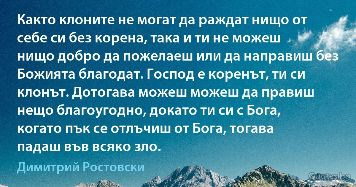 Както клоните не могат да раждат нищо от себе си без корена, така и ти не можеш нищо добро да пожелаеш или да направиш без Божията благодат. Господ е коренът, ти си клонът. Дотогава можеш можеш да правиш нещо благоугодно, докато ти си с Бога, когато пък се отлъчиш от Бога, тогава падаш във всяко зло. (Димитрий Ростовски)