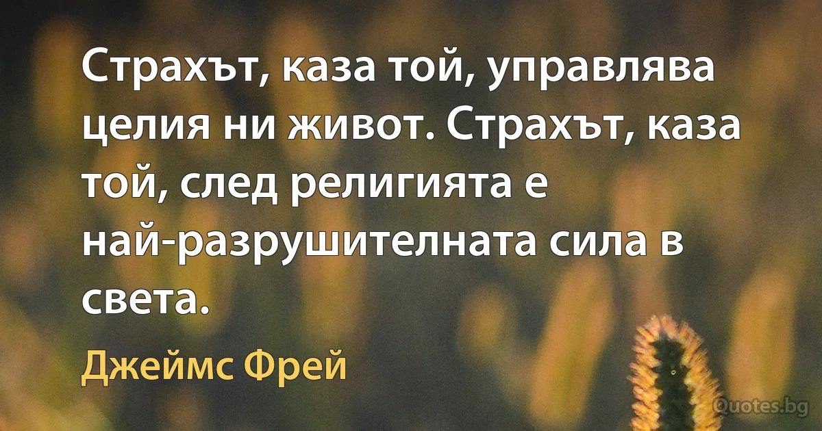 Страхът, каза той, управлява целия ни живот. Страхът, каза той, след религията е най-разрушителната сила в света. (Джеймс Фрей)