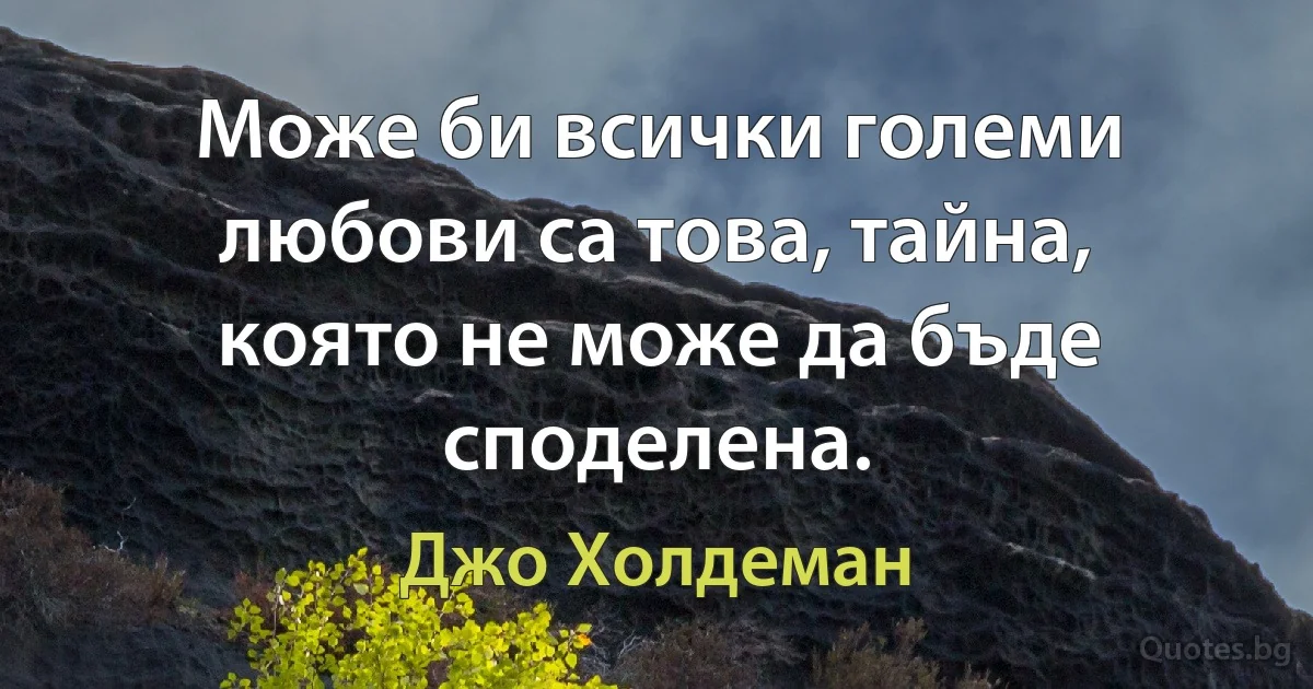 Може би всички големи любови са това, тайна, която не може да бъде споделена. (Джо Холдеман)