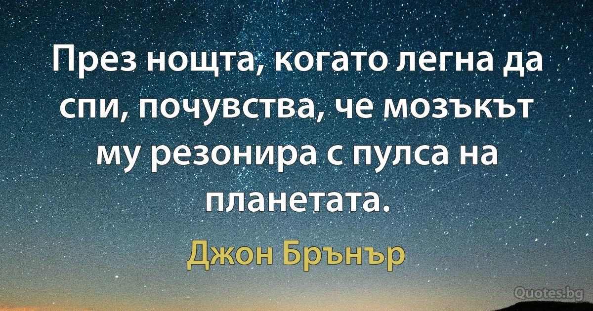 През нощта, когато легна да спи, почувства, че мозъкът му резонира с пулса на планетата. (Джон Брънър)