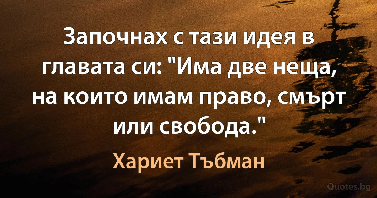 Започнах с тази идея в главата си: "Има две неща, на които имам право, смърт или свобода." (Хариет Тъбман)