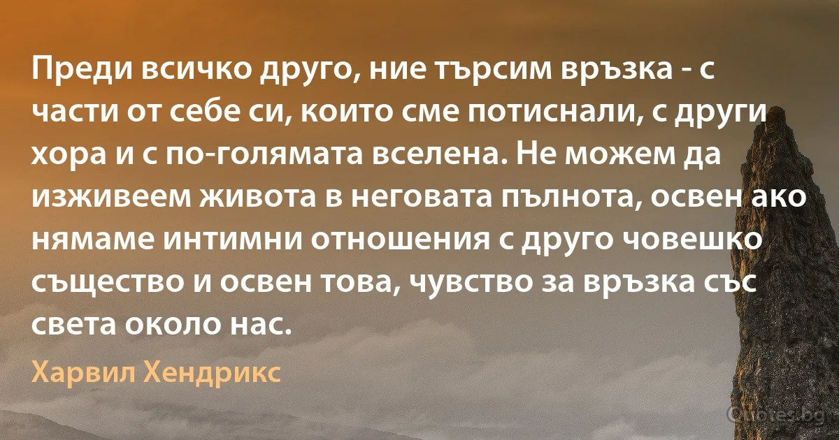 Преди всичко друго, ние търсим връзка - с части от себе си, които сме потиснали, с други хора и с по-голямата вселена. Не можем да изживеем живота в неговата пълнота, освен ако нямаме интимни отношения с друго човешко същество и освен това, чувство за връзка със света около нас. (Харвил Хендрикс)