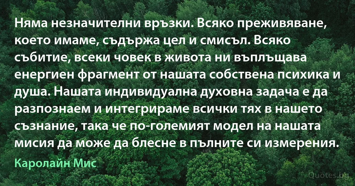 Няма незначителни връзки. Всяко преживяване, което имаме, съдържа цел и смисъл. Всяко събитие, всеки човек в живота ни въплъщава енергиен фрагмент от нашата собствена психика и душа. Нашата индивидуална духовна задача е да разпознаем и интегрираме всички тях в нашето съзнание, така че по-големият модел на нашата мисия да може да блесне в пълните си измерения. (Каролайн Мис)