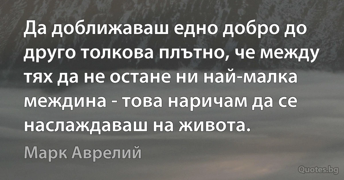 Да доближаваш едно добро до друго толкова плътно, че между тях да не остане ни най-малка междина - това наричам да се наслаждаваш на живота. (Марк Аврелий)