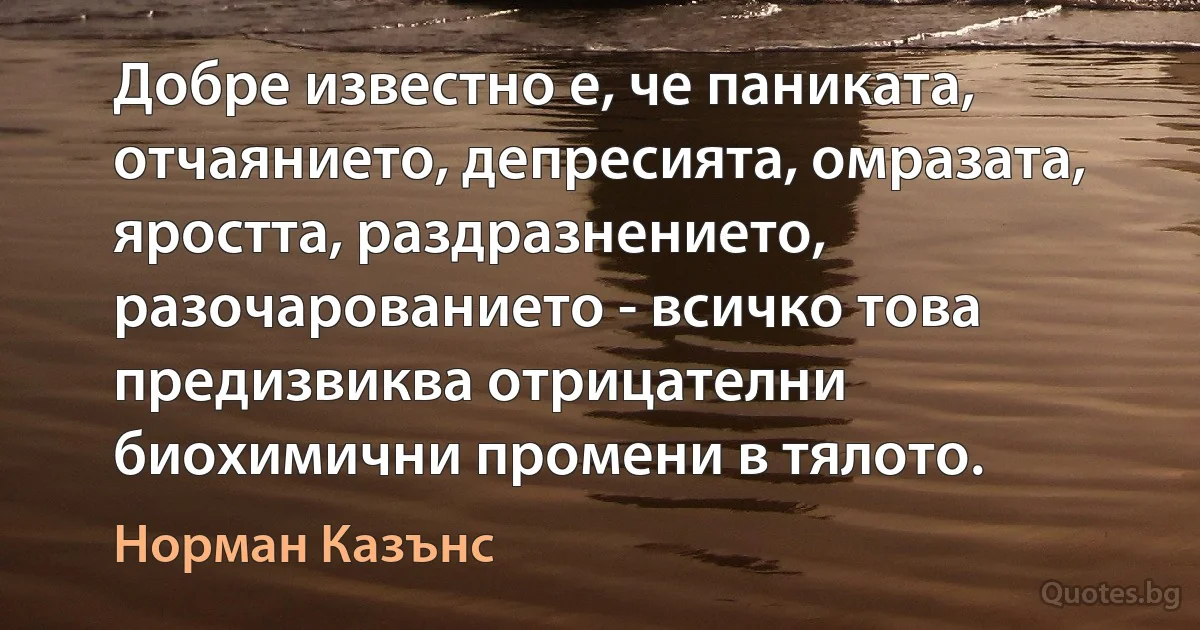 Добре известно е, че паниката, отчаянието, депресията, омразата, яростта, раздразнението, разочарованието - всичко това предизвиква отрицателни биохимични промени в тялото. (Норман Казънс)