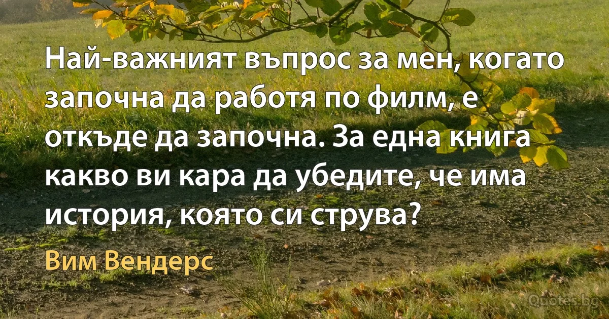 Най-важният въпрос за мен, когато започна да работя по филм, е откъде да започна. За една книга какво ви кара да убедите, че има история, която си струва? (Вим Вендерс)