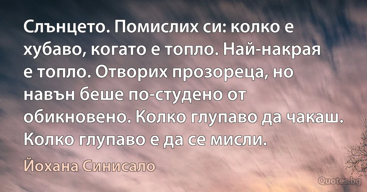 Слънцето. Помислих си: колко е хубаво, когато е топло. Най-накрая е топло. Отворих прозореца, но навън беше по-студено от обикновено. Колко глупаво да чакаш. Колко глупаво е да се мисли. (Йохана Синисало)