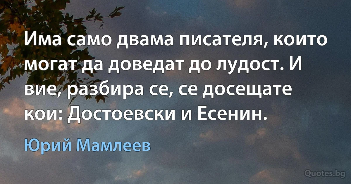 Има само двама писателя, които могат да доведат до лудост. И вие, разбира се, се досещате кои: Достоевски и Есенин. (Юрий Мамлеев)