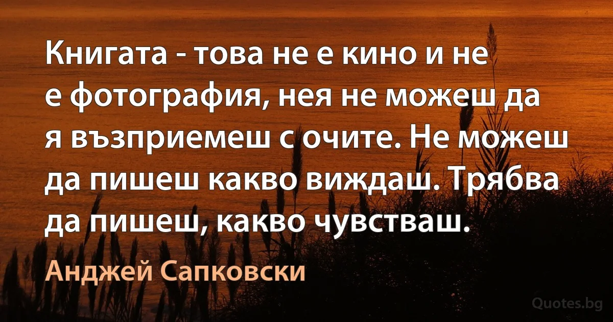 Книгата - това не е кино и не е фотография, нея не можеш да я възприемеш с очите. Не можеш да пишеш какво виждаш. Трябва да пишеш, какво чувстваш. (Анджей Сапковски)