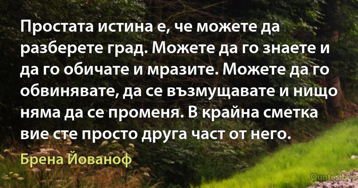 Простата истина е, че можете да разберете град. Можете да го знаете и да го обичате и мразите. Можете да го обвинявате, да се възмущавате и нищо няма да се променя. В крайна сметка вие сте просто друга част от него. (Брена Йованоф)